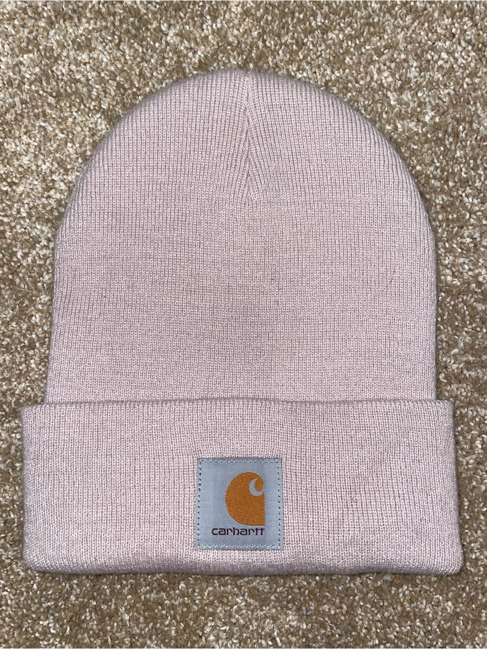 Carhartt Pale Pink Knit Beanie with Gold Carhartt Logo